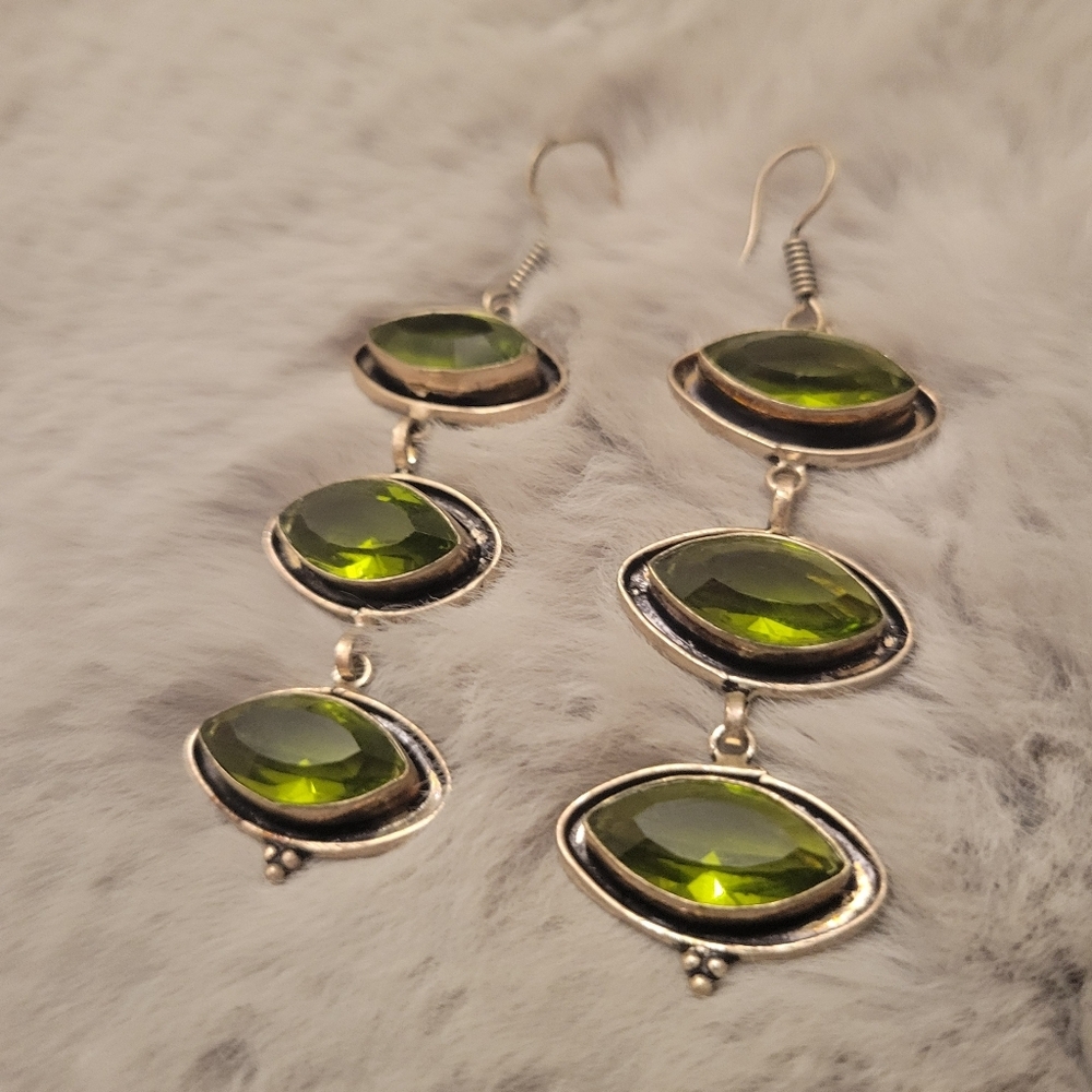 Three Marquise Light Green Gemstones Drop Earrings - Picture 3 of 6